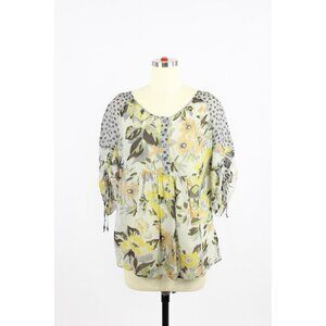 EDME & ESYLLTE Yellow Floral Grey Polka Dot Silk Georgette Blouse Top, Size 2